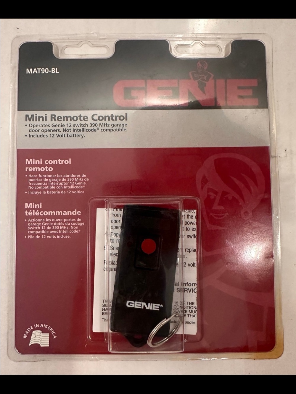 Genie MAT90-BL Garage Door Mini Keychain Remote Control Black Battery Powered